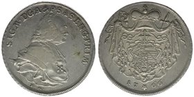 Erzbistum Salzburg
Sigismund III. Graf Schrattenbach 1753-1771
Taler 1766
Zöttl 3008, 28,03 Gramm, ss/vz