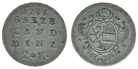 Erzbistum Salzburg
Sigismund III. Graf Schrattenbach 1753-1771
2 Kreuzer 1755
Zöttl 3082, Probszt 2355, 1,15 Gramm, vz