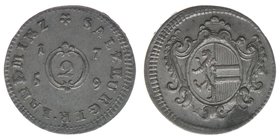 Erzbistum Salzburg  Sigismund III. Graf Schrattenbach 1753-1771
2 Kreuzer 1759

Zöttl 3085, Probszt 2358
1,31 Gramm, -stfr