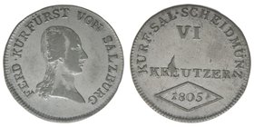 Erzbistum Salzburg Kurfürst Ferdinand

6 Kreuzer 1805 ohne M
Zöttl 3417, Pr 2614, BR 4736
2,53 Gramm, ss