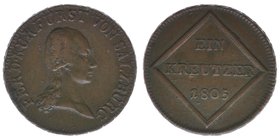 Salzburg
Kurfürst Ferdinand
1 Kreuzer 1805
Zöttl 3426, Probszt 2620, 5,43 Gramm, ss+