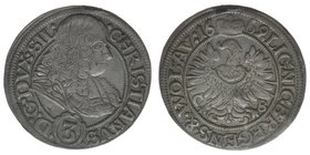 RDR Christian 1664-1672 alleiniger Herzog von Liegnitz-Brieg

3 Kreuzer 1669
1,76 Gramm, ss/vz entfernter Henkelbzw. Feilspur auf 12 Uhr