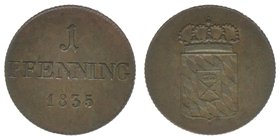 BAYERN 1 Pfennig 1835
AKS 93, 1.31 Gramm, vz+
vgl. Auktion Grün 61,1867 $ 464,00