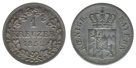 BAYERN
Maximilian II. Joseph 1848-1864
1 Kreuzer 1852
0,79 Gramm, Kahnt-Schön 141, AKS 155, ss/vz