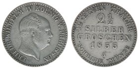 PREUSSEN Friedrich Wilhelm IV. 1840-1861
2 1/2 Silbergroschen 1855 A
AKS 84, 3,20 Gramm ss/vz