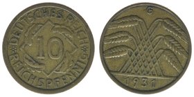 DEUTSCHES REICH 10 Reichspfennig 1931 G
AKS 45, 3,85 Gramm, ss, sehr selten