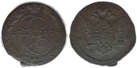 Rußland Katharina II.
5 Kopeken 1777 EM
Kupfer, 47,97 Gramm, ss/vz