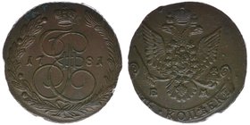 Rußland Katharina II.

5 Kopeken 1781 EM
Kupfer, 47.22 Gramm, vz