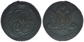 Rußland Katharina II.
5 Kopeken 1790 AM
Kupfer, 54.28 Gramm, vz