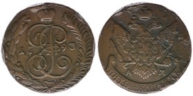 Rußland Katharina II.

5 Kopeken 1793 AM
Kupfer, 54.92 Gramm, ss/vz