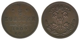 Rußland Nikolaus II.
1/2 Kopeke 1909
Kupfer, 1,63 Gramm, vz