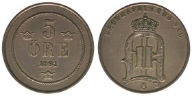 Schweden Oskar II.

5 Öre 1891
Bronze, 7.95 Gramm, -vz