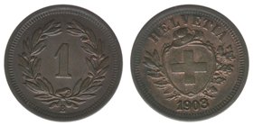 Schweiz Eidgenossenschaft

1 Rappen 1903
Kupfer, 1.45 Gramm, -vz