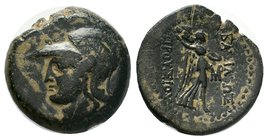 KINGS OF BITHYNIA. Prusias II Kynegos (182-149 BC). Ae. Nikomedia. Obv: Helmeted head of Athena left. Rev: Nike advancing right, carrying trophy over ...