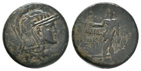 PAPHLAGONIA. Amastris. Ae (Circa 105-85 BC). Obv: Helmeted head of Athena right. Rev: AMAΣ - TPEΩΣ. Perseus standing left, holding harpa and head of M...