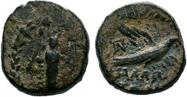 CILICIA. Mallos. AE. Obv: Facing statue of Athena Megarsis within wreath. Rev: MAΛΛΩTΩN. Eagle flying right; monogram to upper left. SNG Levante 1264;...