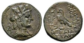 CILICIA. Hierapolis-Kastabala. Ae (2nd-1st centuries BC). Obv: Turreted head of Tyche right; monogram to left. Rev: IEPAΠOΛITΩN TΩN / ΠPOΣ ΠVPAMΩI / T...