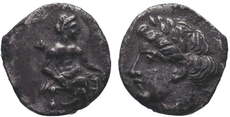Cilicia, Mallos AR Obol. 375-360 BC. Aphrodite seated right / Head of Female lef...