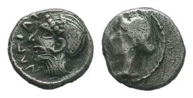 Cilicia, Nagidos, c. 400-380 BC. AR Obol . Head of Aphrodite l., hair in sphendone. R/ Bearded head of Dionysos r. Göktürk 3; SNG France 6-12; SNG Lev...