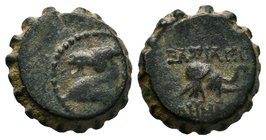 Seleukid Kingdom. Demetrios I Soter. 162-150 B.C. Æ. Antioch on the Orontes. Head of horse left / ΒΑΣΙΛΕΩ[Σ] ΔΗΜΗΤ[ΡΙΟΥ], head of elephant right. SC 1...
