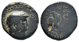 Nero (54-68). Pisidia, Antioch. Æ (19mm, 6.39g, 12h). Laureate head r. R/ Eagle standing facing, head l., between two standards. RPC I 3532. Very Rare...