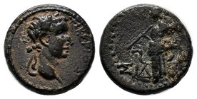 Pamphylia, Side. Augustus. 27 B.C.-A.D. Ae. Laureate head right / CID-HT, Athena advancing left, holding spear and shield; pomegranate and serpent to ...