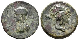 Aigeai (AD 68/69) AE 27. Pseudo-autonomous, 68-69 AD. AE (13.83g). Bust Perseus with Hapa over shoulder right, Helm like big Gorgoneion / AIGEWN EIR, ...