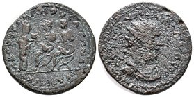 CILICIA, Mopsus. Valerian I. 253-260 AD. Æ . Dated year 323 (255/6 AD). Radiate, draped, and cuirassed bust right / Tyche standing right, presenting p...