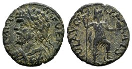 Pisidia. Antioch. Septimius Severus AD 193-211.Laureate head left / COLONIAI ANTIOCH, Mên standing right, holding Nike and scepter, foot resting on bu...