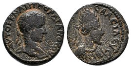 MESOPOTAMIA, Edessa. Gordian III, with Abgar X Phraates. AD 238-244. Æ . Radiate, draped, and cuirassed bust right, seen from behind; star before / Cr...