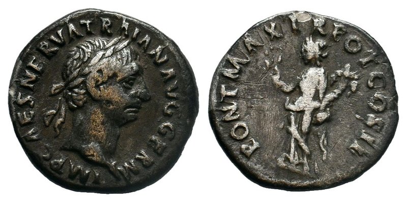 Trajan. A.D. 98-117. AR denarius. Rome mint, Struck A.D. 99. IMP CAES NERVA TRAI...