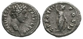 Marcus Aurelius as Caesar AD 139-161. Rome Denarius AR. AVRELIVS CAESAR AVG PII FIL, bare head right / T R POT VIII COS II, Minerva standing right, ho...