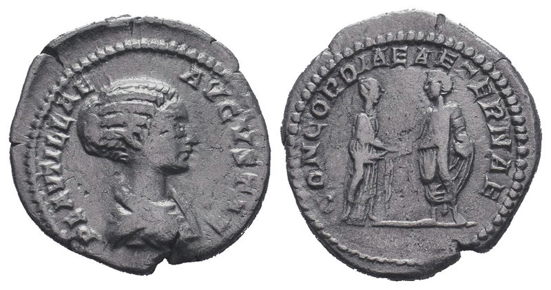 Plautilla. Augusta, A.D. 202-205. AR denarius. Rome mint. PLAVTILLA AVGVSTA, dra...