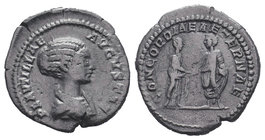 Plautilla. Augusta, A.D. 202-205. AR denarius. Rome mint. PLAVTILLA AVGVSTA, draped bust right / CONCORDIA FELIX, Caracalla and Plautilla standing fac...