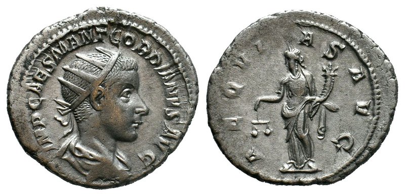 GORDIAN III. 238-244 AD. AR Denarius. IMP GORDIANVS PIVS FEL AVG, laureate, drap...