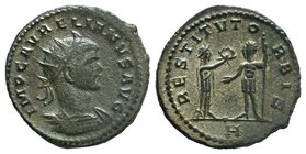 Aurelian Æ Antoninianus. Serdica, AD 274-275. IMP C AVRELIANVS AVG, radiate and cuirassed bust right / RESTITVT ORBIS, woman standing right presents w...