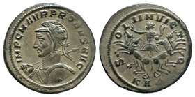 PROBUS Serdica, 276-282 AD. Æ antoninianus. IMP C PROBVS P AVG radiate, helmeted, cuirassed bust left, holding spear and shield / SOLI INVICTO Sol in ...