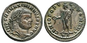 Maximinus II Daia Æ Nummus. Cyzicus, AD 306. GAL VAL MAXIMIANVS NOB CAES, laureate head right / GENIO AVGG ET CAESARVM MN, Genius standing left, modiu...