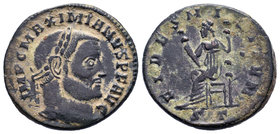 Galerius Æ Nummus. Ticinum, AD 306. IMP C MAXIMIANVS P F AVG, laureate head right / FIDES MILITVM, Fides seated left, holding two standards; A in righ...