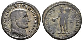Severus II. As Caesar, AD 305-306. Æ Follis. Antioch mint. Laureate head right / Genius standing facing, head left, holding patera and cornucopia; Z//...