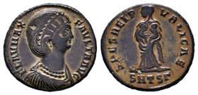Fausta. Augusta, A.D. 324-326. Æ follis. Thessalonica mint, Struck A.D 326-328. FLAV MAX FAVSTA AVG, pearl-diademed, draped bust right, wearing a pear...
