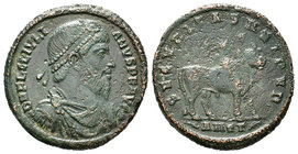 Julian II Æ Double Maiorina. Antioch, AD 361-36. D N FL CL IVLIANVS P F AVG, pearl-diademed, draped and cuirassed bust right / SECVRITAS REI PVB, bull...