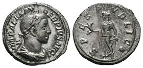 SEVERUS ALEXANDER. 222-235 AD. AR Denarius, IMP ALEXANDER PIVS AVG, laureate, draped, and cuirassed bust right / SPES PVBLICA, Spes walking left, hold...