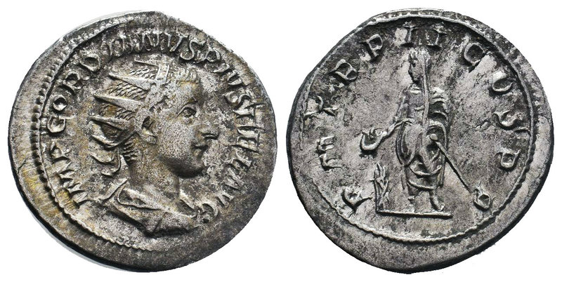 Gordian III AR Antoninianus. AD 240. P M TR P II COS P P, Emperor, togate and ve...
