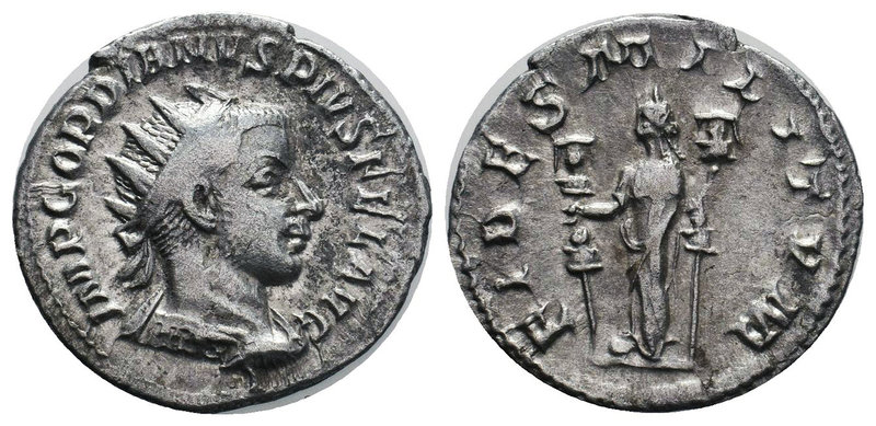 Gordian III AR Antoninianus. AD 238-239. FIDES MILITVM, Fides standing left, hol...
