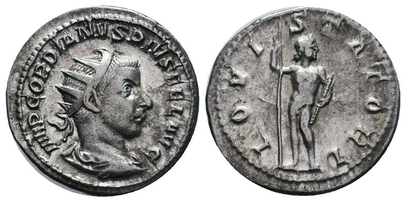 Gordian III AR Antoninianus. AD 238-239. Jupiter standing l., head r., holding s...