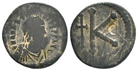 Anastasius I. Half follis, 491-518 AD. Constantinople. (DN) AN(AST)ASIVS PP AVG, pearl diademed, draped, cuirassed bust right / Large K, long cross to...