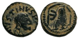 Justinian I, AE Pentanummium, 527-565, Antioch. DN IVSTINIANVS PP AVG, pearl diademed, draped, cuirassed bust right / Tyche of Antioch seated left, re...