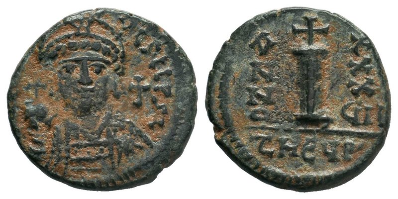 Justinian I, AE Decanummium, Antioch, AD 527-565. DN IVSTINIANVS PP AVG, helmete...