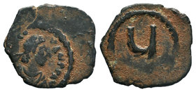 Tiberius II Constantine. AD 578-582. Pentanummium, Constantinople Mint. 18 mm, 2.36 g. DM CONSTANT PP, pearl diademed, draped, cuirassed bust right. /...